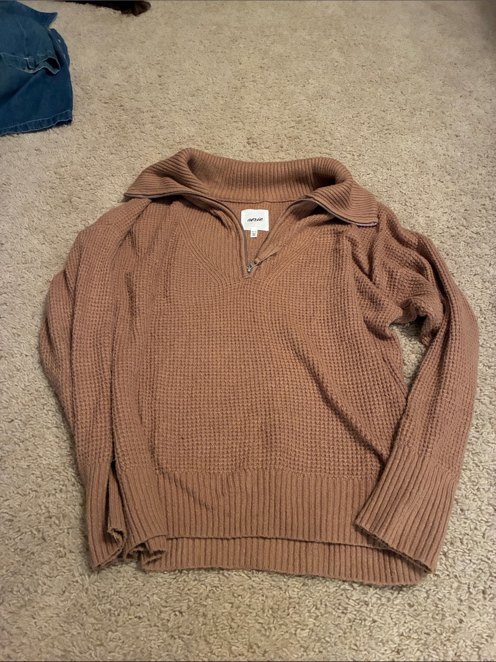 Aerie Zip-Front Waffle Knit Sweater - Chestnut Brown (size XS)